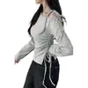 Top Camiseta de Malha Feminino Dongdaemun Coreano com Cordão Lateral, Fenda, Ombro a Ombro e Amarração