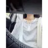 Camiseta de manga larga a rayas estilo retro, corte relajado, para mujer, primavera/otoño, cuello en V, con botones, adecuada para ropa de trabajo, con diseño de hombro normal