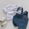 Conjunto de overol y camiseta para niños para verano, conjunto de dos piezas de mezclilla con shorts cortos de manga corta para bebé, overol de camiseta blanca