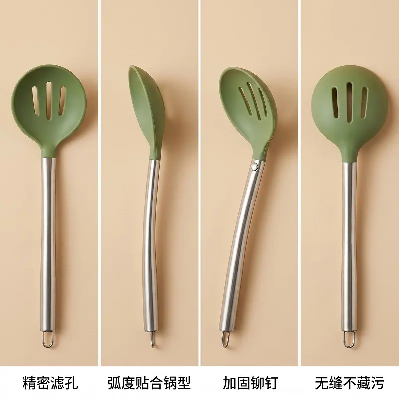食品级硅胶漏勺不伤锅不锈钢柄滤油勺耐高温捞面勺油炸过滤网勺3
