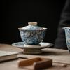 Cuenco grande de cerámica con tres tapas, color azul y flor, para sujetar con la mano, taza de té zen japonesa con tapa, cuenco de té individual retro