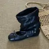Temporada do Primeiro Encontro~ Botas Ankle Boots de Bico Redondo com Laço Retro para Mulheres, Versão Coreana, Botas Ankle Boots Desmontáveis de Uso Duplo, Botas Empilhadas Plissadas