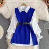 Camisa Branca de Manga Lanterna de Primavera Roupas Femininas Rejuvenescedora Doce Solta Cobertura de Carne Conjunto de Duas Peças Empilhado Suéter