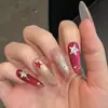 Pegatinas de Uñas Largas con Pedrería de Estrella Roja y Plateada para Uñas, 30 Piezas de Uñas Pre-hechas en Diferentes Tamaños, Estilo Dulce y Genial