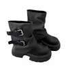 Botas de Couro e Tecido com Solado Grosso, Salto Bloco e Cano Largo 2026 Novo Estilo Patchwork com Fivela Dupla Botas Martin Estilo Britânico Feminino Botas Curtas Emagrecedoras