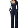 Traje de Pantalones Largos Casuales Nuevo Otoño 2026 Top Corto de Manga Larga Cuadrado Ropa de Casa para Mujer Europea y Americana