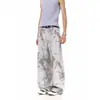 Outono de 2025 Novo Estilo Chinês Estampa Jacquard Tinta Jeans Cimitarra para Homens e Mulheres Ins Retrô Modelador Calças de Perna Larga Tendência