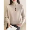 Suéter de cuello alto medio para mujer de otoño e invierno Nuevo estilo 2025 Camiseta básica de punto holgada Se puede usar por fuera en invierno