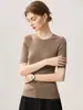 Camiseta de manga corta para mujer, cuello redondo, ajuste ceñido, de hilo Yangzi 100% lana de hilado fino, top de punto suave y cómodo