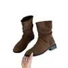 Botas de Tobillo Versátiles de Estilo Perezoso con Punta Redonda, Tacón Grueso de Gamuza, Fruncidas, Adelgazantes, para Mujer, Novedad Otoño Invierno 2026, Botas de Media Pantorrilla