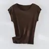 2026 Nova Camiseta de Verão Gola Redonda Cor Sólida Manga Curta Tecido de Lã Tencel Simples Versátil Confortável Top Roupas Femininas