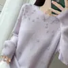 Novo Outono e Inverno Lã Feminino Gola Redonda Tricô Manga Curta Outono e Inverno Novo Design de Flor Tridimensional Resistente com Estilo Elegante