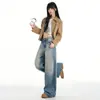 Jeans Azules Anchos Vintage para Mujer, Nuevo Estilo Otoño e Invierno, Estilo Holgado y Casual, Costuras en la Costura Lateral, Pantalones Rectos Bordados