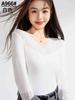 Camiseta Básica Jiaxuan 966 Dourada Sexy Renda Decote V Outono e Inverno Macia e Confortável Alta Elasticidade Camiseta Básica Feminina Manga Longa