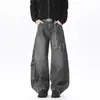 Calça comprida larga da moda, jeans casual lavado para o outono para homens, calça reta com retalhos estilo americano, desconstruída e de caimento solto
