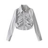 Camisa plisada con solapa pequeña de estilo europeo y americano para mujer, nueva camiseta de cuello polo de color liso, primavera y otoño