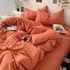 Nuevo Estilo Coreano Ins Color Puro Doble Cepillado Algodón Lavado Juego de Cuatro Piezas Ropa de Cama Funda Nórdica Ropa de Cama Colchón Dormitorio Estudiante