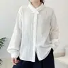 Camisa de manga comprida de gaze de algodão de camada dupla com gola de orelha de coelho estilo artístico para mulheres, top casual solto outono 2026