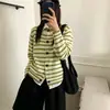 Cardigan de tricô listrado com acabamento em renda estilo coreano e universitário para mulheres, novo outono e inverno, modelagem solta, emagrecedor, versátil, casaco suéter