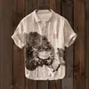 Moda de Verano Tallas Grandes Ropa Juvenil para Hombre Camisa de Manga Corta Cárdigan de Lino Solapa Gato Divertido Estampado de Pintura a Tinta
