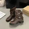 Novas botas de equitação femininas vintage pretas plissadas 2026 com salto grosso, botas western, botas curtas, botas estilo calça