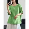 Atuendo moderno y juvenil estilo dopamina: nueva camiseta de punto de manga tres cuartos, ropa de mujer de talla grande de algodón puro, top de manga media de algodón y lino