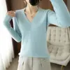 [Venta Caliente] Nuevo Suéter de Lana para Mujer Otoño/Invierno 2026 Cuello en V Canalé Color Sólido Jersey Suéter de Cachemira Corte Ajustado