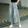 Jeans Reto Feminino Petite Lavagem Clara Americano Solto Plus Size Verão Fino Cintura Alta Rasgado Perna Larga Capris