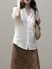 Camisa blanca de lino Lyocell para mujer, cuello en V, manga media, verano 2026