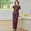 Novo Conjunto de Manga Curta Xi Mama de Alta Qualidade Chinês Feminino Verão Novo Estilo Nacional Respirável Calça de Perna Larga Conjunto Roupas para Mulheres de Meia-Idade