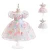 Vestido para Niña Estilo Europeo y Americano Mangas Abullonadas Vestido de Princesa Malla Floral Infantil Vestido Abullonado 2024 Vestido para Dama de Honor