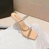 Sandalias de tacón alto con una sola tira y diamantes de imitación para mujer, zapatos de tacón de aguja transparentes, hermosos zapatos de tacón alto plateados, novedad de verano de 2023
