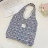 6434 Bolsa de Ombro Xadrez de Grande Capacidade para o Trabalho, Bolsa Tote de Ombro Estilo Preguiçoso, Bolsa de Lona para Compras para Estudantes
