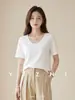 Camiseta de Color Sólido con Cuello en U y Mangas Cortas para Mujer, Verano, Corte Holgado, Adelgazante, Versátil, Ropa Interior Casual Básica, Camisa Base de Estilo Básico