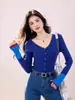 Cárdigan de punto de cuello en V azul Klein de alta gama para mujer, corte ajustado, con capas de colores contrastantes, top de otoño