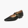 Sapatos Mary Jane de couro bovino de camada superior para mulheres, sapatos de corte baixo de tira única, novo modelo de outono, couro genuíno por dentro e por fora, bico quadrado, tira com fivela, sapatos de salto médio grosso