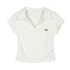 Polo de algodón estilo universitario para jóvenes, camiseta de manga corta con hombros descubiertos, lazo bordado con solapa y cintura plisada para mujer