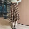 Falda de Cuadros Irregulares para Mujer Nueva de Cintura Alta Ajustada y Elegante Casual Falsa de Dos Piezas Falda de Longitud Media A9267