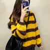 Suéter Listrado Color Block Marrom Melanóide Amarelo Feminino Outono Inverno Estilo Coreano Solto Estilo Preguiçoso Camada Interna Roupa Externa Tricô