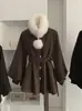 Chaqueta de Lana Omalai Petite con Cuello Alto, Cinturón Acolchado a la Cintura, Corte A, Longitud Media, Mangas de Farol para Mujer 5777