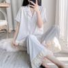 Pijama Feminino Verão 2026 Novo Fresco e Confortável Casual Manga Curta Calça Longa Cor Sólida Roupa de Casa Conjunto de Duas Peças para Mulheres
