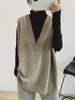 Colete de tricô estilo coreano, simples e casual, decote V profundo, comprimento médio, solto, suéter plus size, colete versátil para mulheres usarem como peça externa