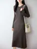Vestido de lana pura con manga acampanada, vestido de punto para mujer, otoño e invierno, longitud media, adelgazante, tejido de canalé, suéter de cuello redondo, vestido base