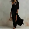 Vestido de Punto Plisado Elegante de Manga Larga con Abertura para Mujer, Nuevo de Verano 2026, Estación Independiente Europea y Americana