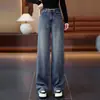 Calça jeans larga estilo vintage, com aspecto desgastado, para mulheres, nova coleção outono 2026, cintura alta, fluida, modelagem solta, afina a silhueta, perna reta, comprimento até o chão