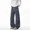 Pantalones Largos de Pierna Ancha Azules a Cuadros con Estrellas, Estilo Dulce y Fresco, Cintura Elástica con Cordón, Bordado de Inglés Escrito a Mano, Pantalones Sueltos y Relajados para Hombres y Mujeres