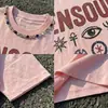 Camiseta Masculina de Alta Qualidade, Rosa, Verão, Ombro Caído, Manga Curta, com Strass e Impressão Direta em Tinta Branca, Estilo Retro High Street