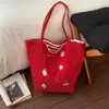 Bolso de Lona Nuevo Bordado de Perrito Cereza, Bolso de Hombro Rayado Doble Cara Simple y Versátil, Bolso Tote de Moda de Nicho para Mujeres