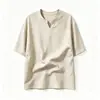Estilo Old Money Verão Novo Top Masculino com Aparência de Linho, Leve e Respirável, Camiseta de Manga Curta com Decote V Pequeno, Camiseta de Manga Meia-Manga Tamanho Grande, Tendência