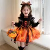 Ropa Infantil de Halloween Niñas Vestido de Princesa Cosplay Bruja Falda de Calabaza Falda Luminosa Atuendo para Fiesta de Cumpleaños de Niñas